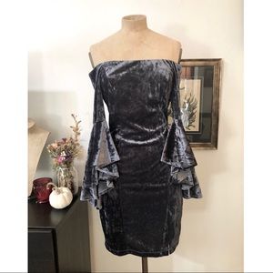Off shoulder crushed velvet bell sleeve dress